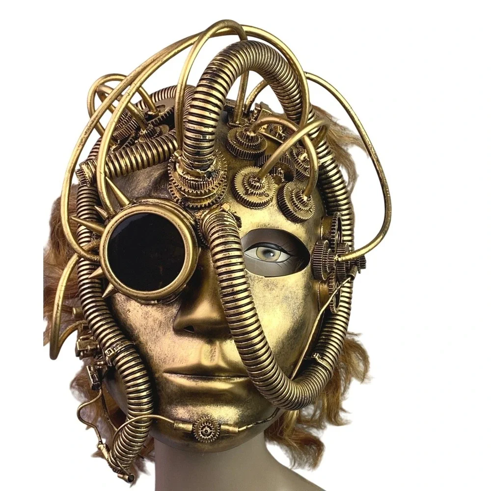 Steampunk Mask Gold Goggles Gears Costume Masquerade Cosplay Full Face